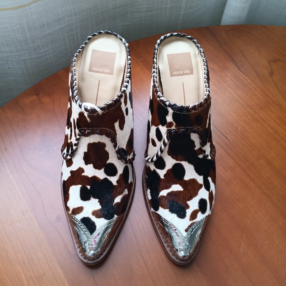 NWT Silver Toe Western Cow Print Animal Hair Heeled Mules - Picture 2 of 14